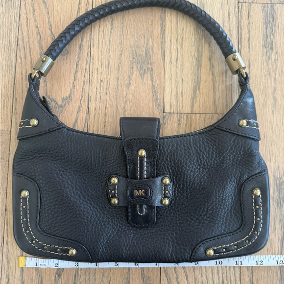 Michael Kors Black Leather Shoulder Purse with Braided Strap and Gold Detailing - Picture 10 of 13